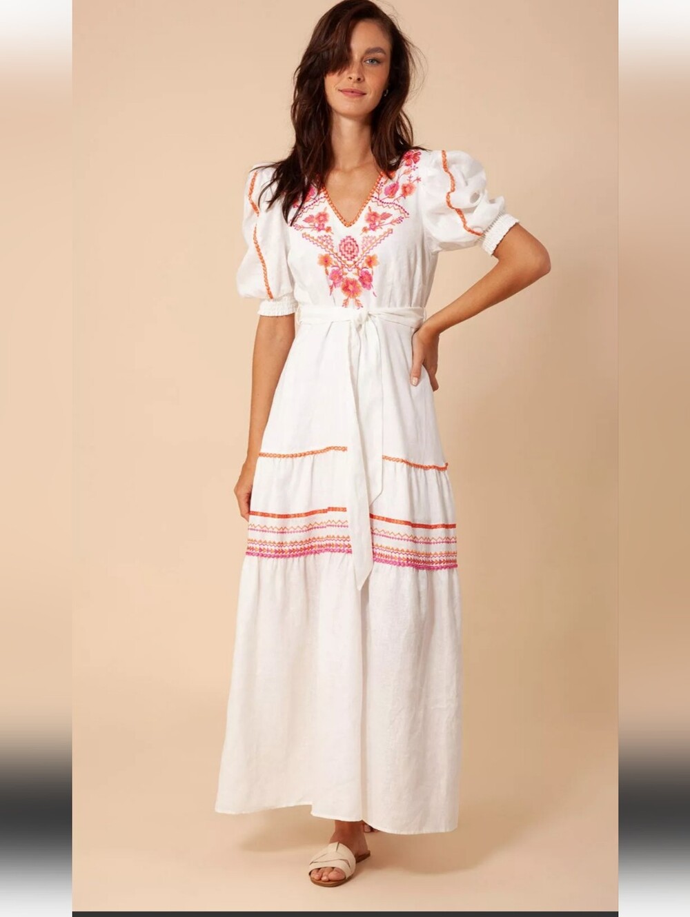 Hale Bob "Lorna" Embroidered V-Neck Linen Maxi Dress size M NWT